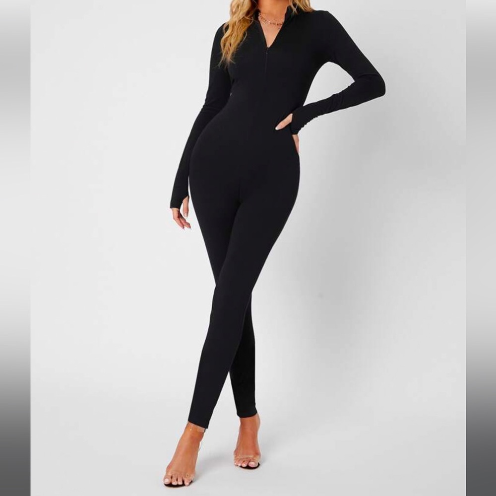 Black Zipper Unitard Jumpsuit